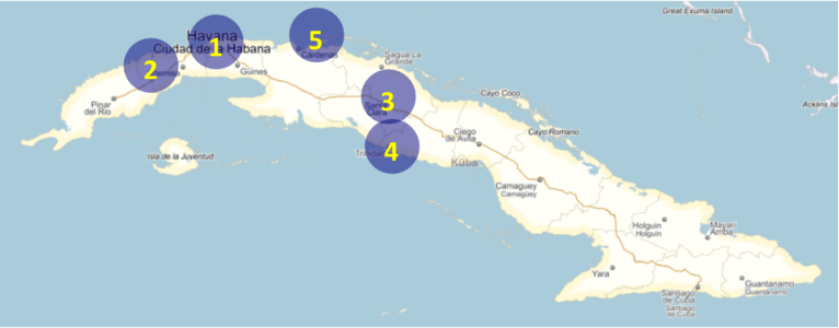  1-Havana / 2-Las Terazas / 3-Santa Clara / 4-Trinidad / 5-Varadero